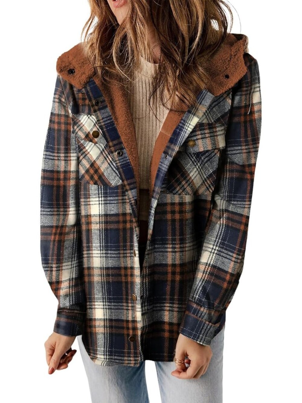 Women’s Blue Brown Plaid Fleece Hooded Shacket Warm Sherpa Flannel Winter Jacket